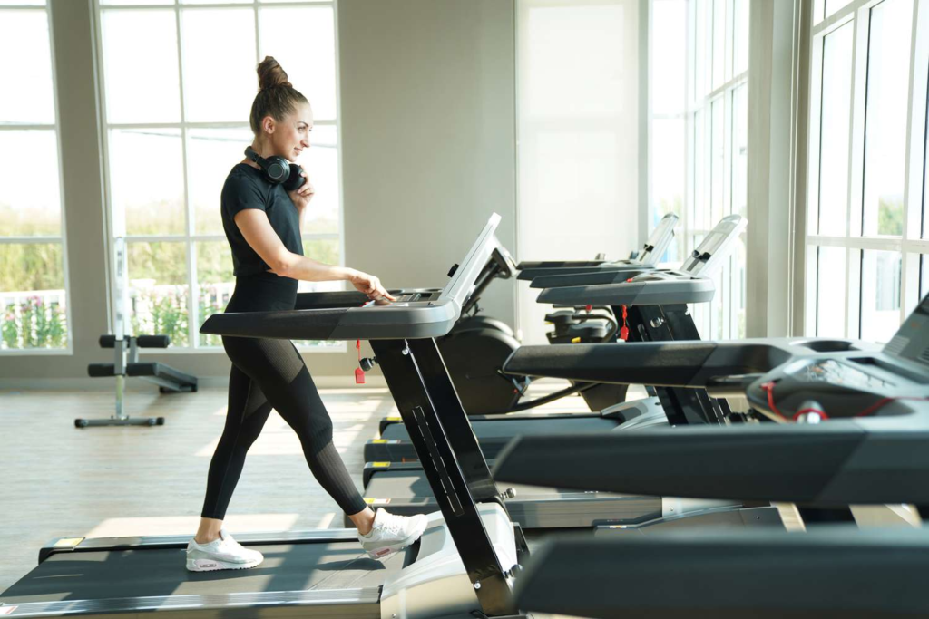 walking briskly on a treadmill